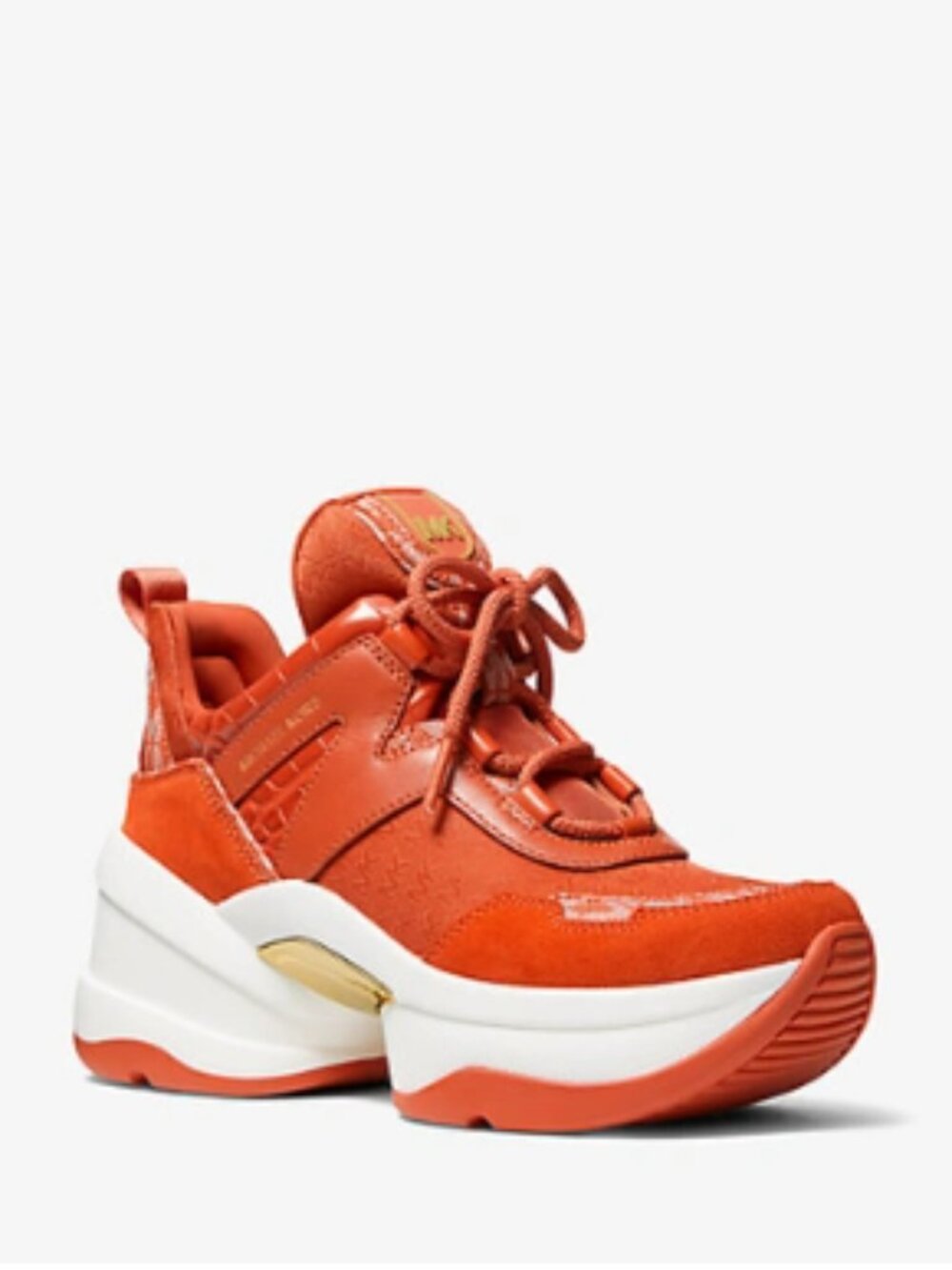Michael Kors Olympia Logo Orange Jacquard Crocodile Embossed Leather Trainer